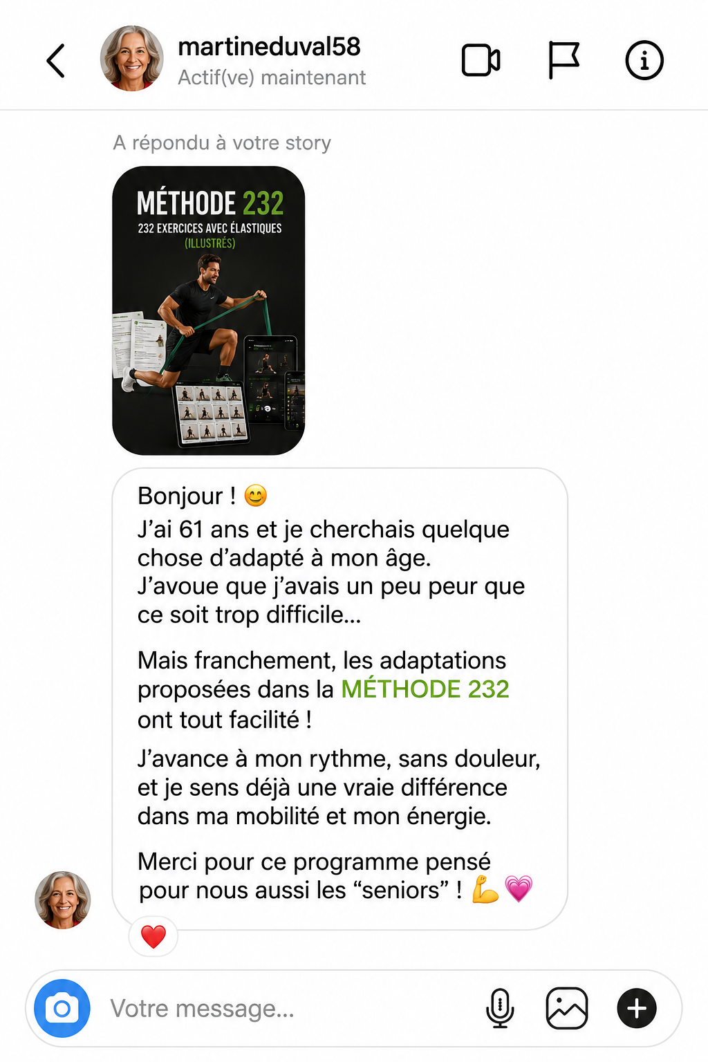 Témoignage écrit de Martine, cliente senior satisfaite de la Méthode 232