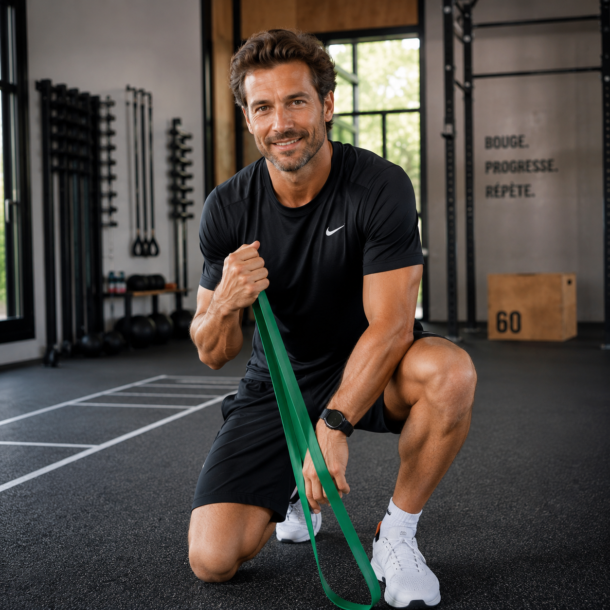 Lucas Moreau, coach en entraînement fonctionnel, avec un élastique de résistance