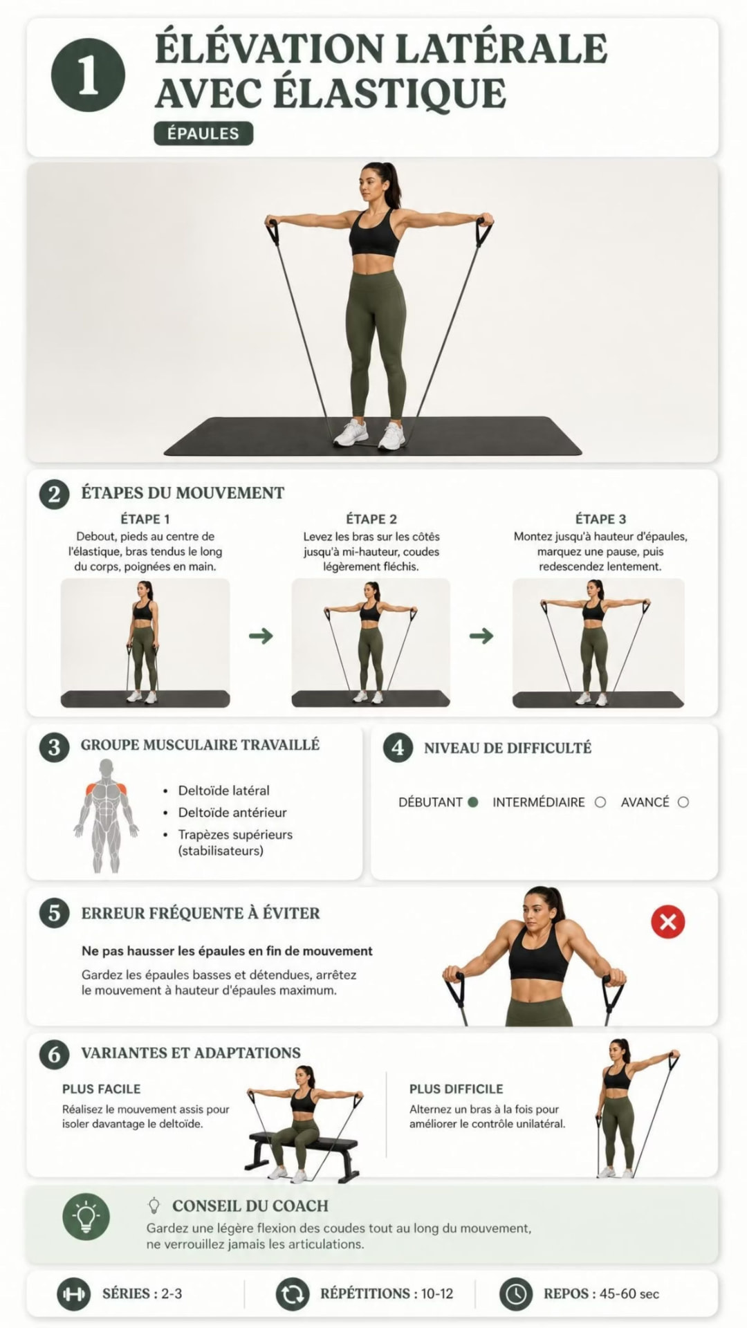 Fiche Élévation latérale avec élastique : étapes du mouvement, muscles, niveau et conseils