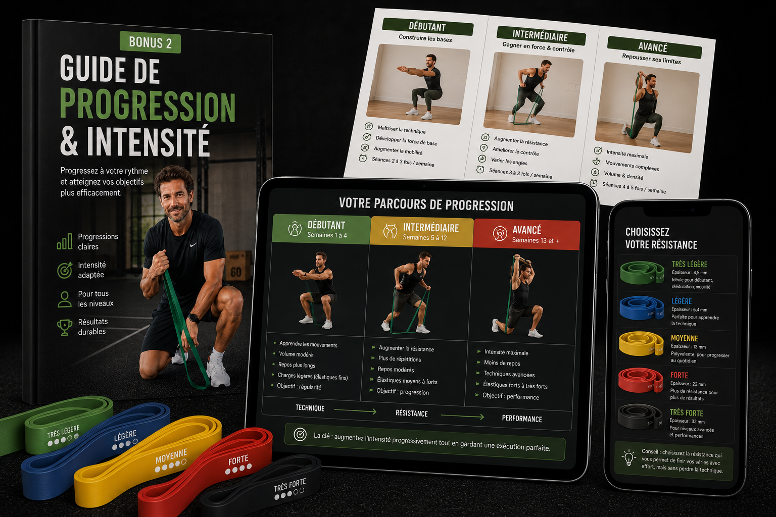 Mockup du guide de progression et d'intensité — parcours débutant, intermédiaire et avancé
