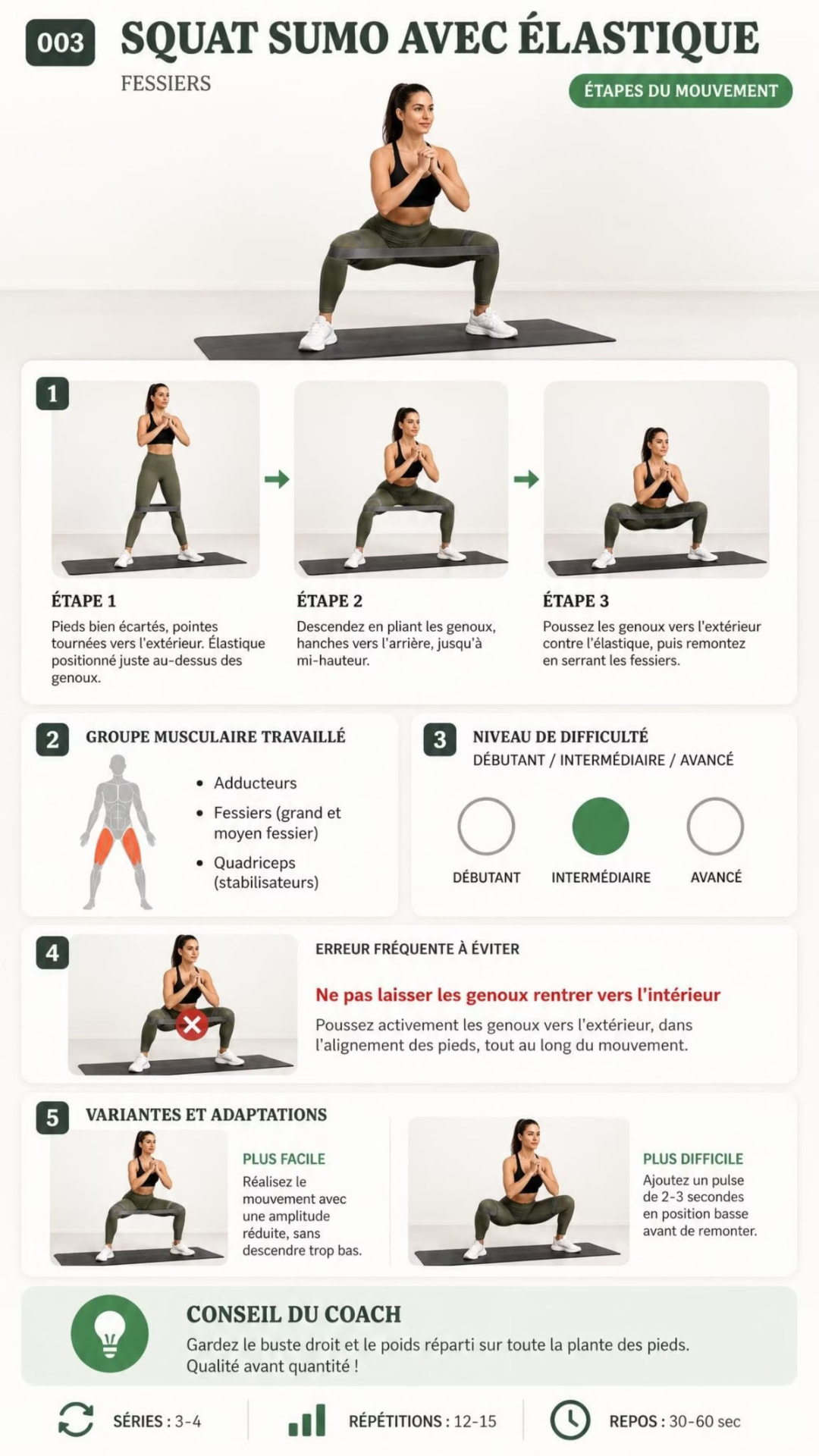 Fiche Squat sumo avec élastique : étapes du mouvement, muscles travaillés, difficulté, erreur à éviter et variantes