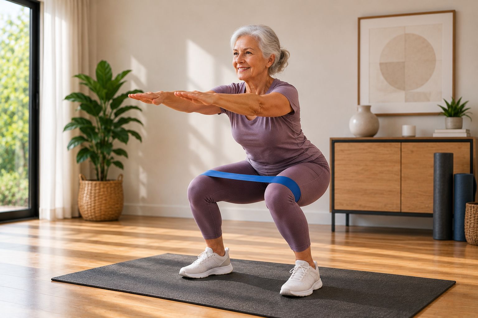 Senior réalisant un squat assisté avec élastique
