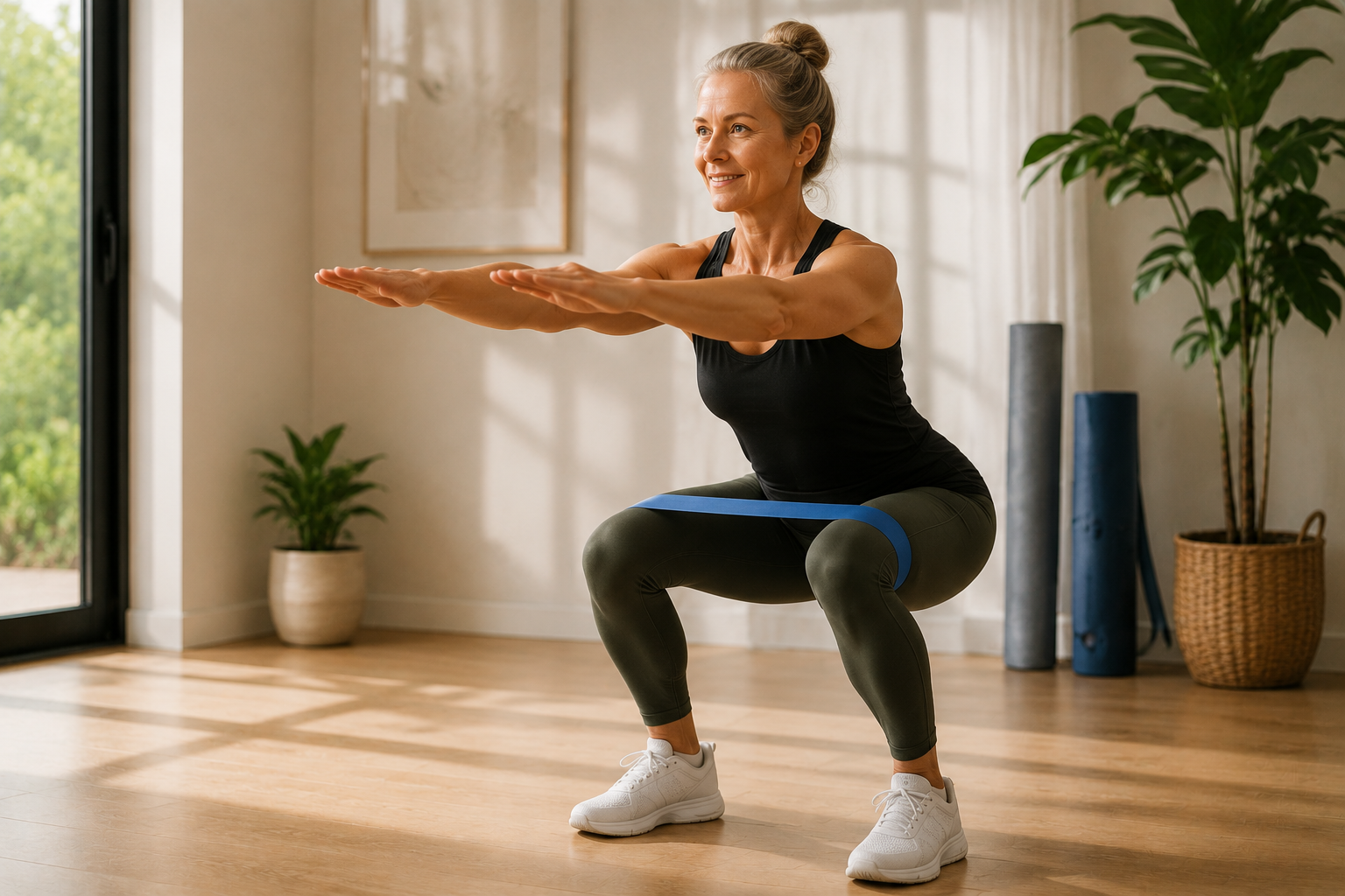 Senior réalisant un squat assisté avec élastique