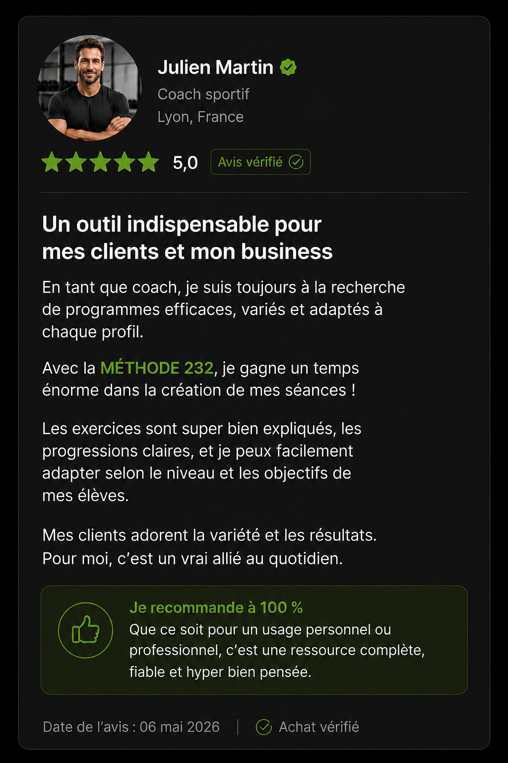 Témoignage écrit de Julien Martin, coach sportif et client satisfait de la Méthode 232